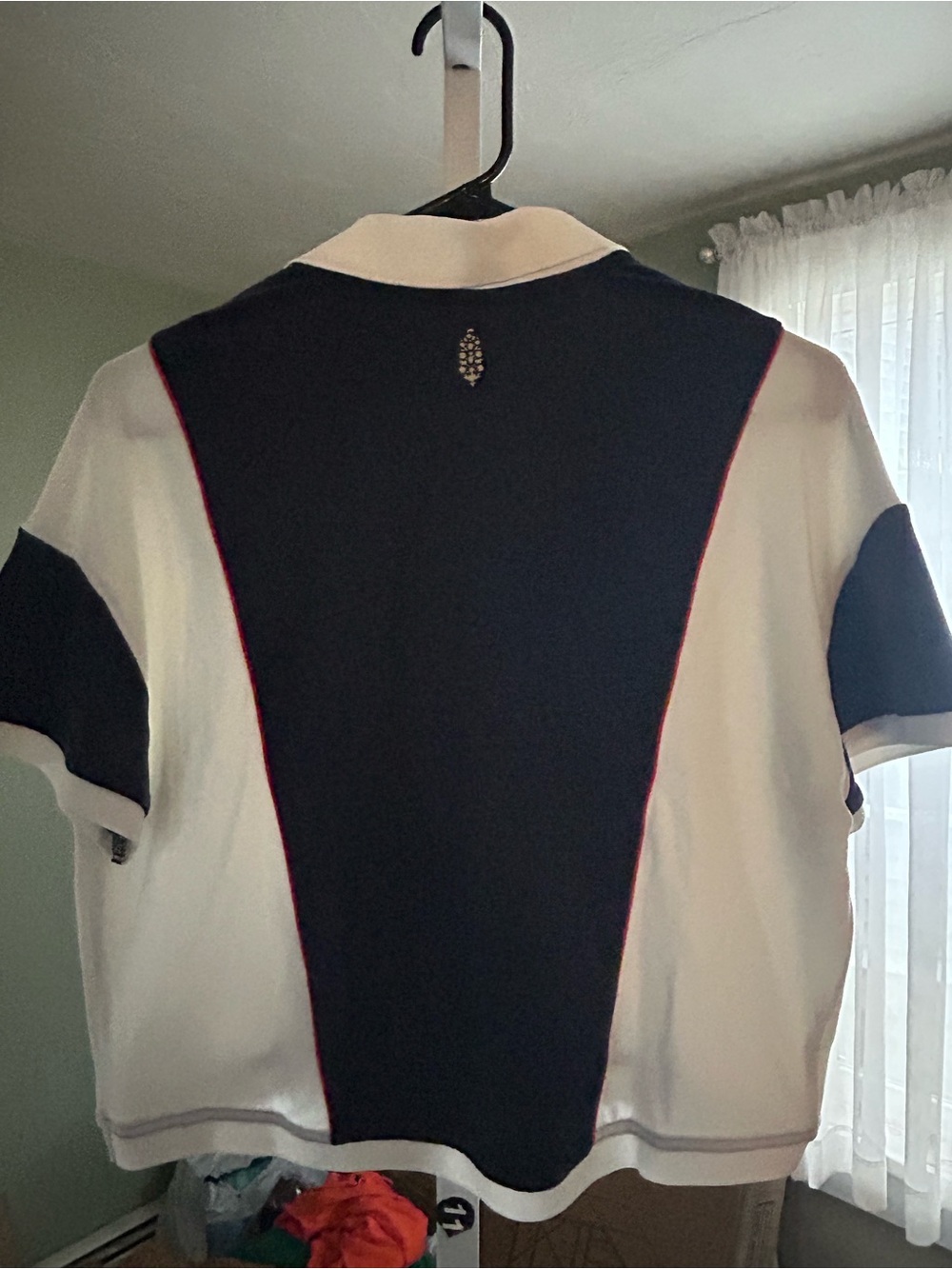 Free People Movement Navy and White Short Sleeve Polo Top with Red Piping. - Picture 2 of 4